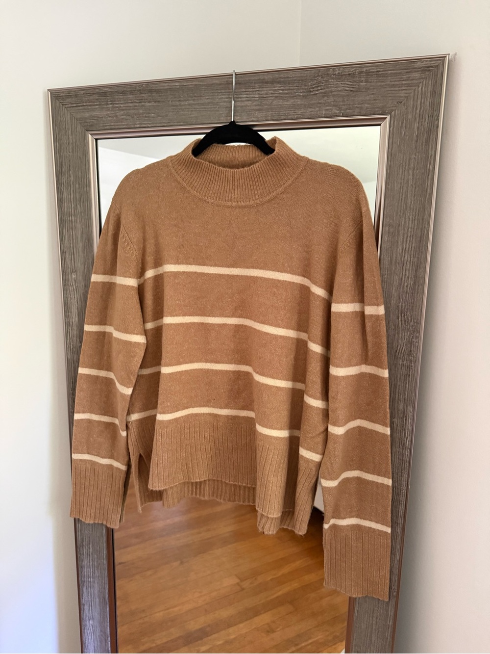 Skies Are Blue Camel and Cream Striped Turtleneck Sweater
